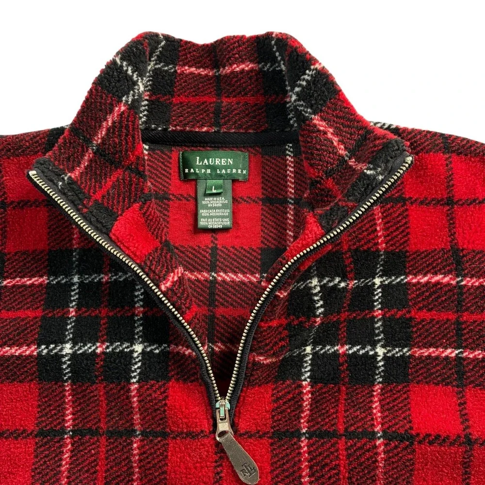 Lauren Ralph Lauren 1/4 Zip Plaid Fleece Men's Medium Red Tartan USA‎ Made VTG